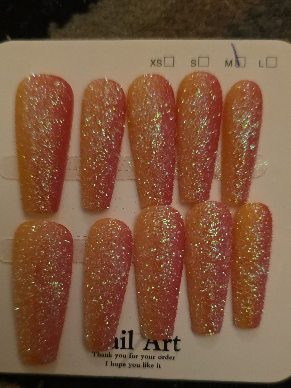 Press-On Glitter Ombre Nails - Pink to Orange Size Med Set Of 10